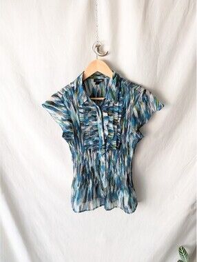 East 5th Petite Blue Abstract Print Short Sleeve Blouse Size PM
